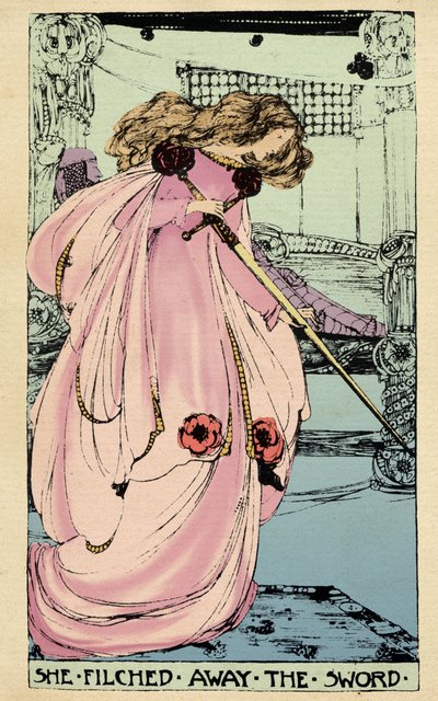The Fairy Morgane steals the Excalibur for his lover to use it against King Arthur by Jessie Marion King
