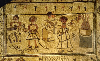 Detail of the mosaic floor depicting the binding of Isaac by Jewish School