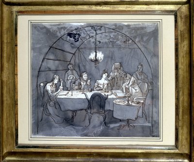 Feast of Tabernacles at the Restaurant Kasher by the Family of Moses Ulmann. Drawing on Paper, Pen Wash in 1831. Jewish Museum Basel, Switzerland. by Jewish School