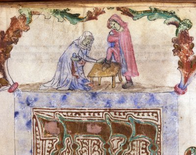 Judaism: Hebraic rite of foot washing (ablution) of the traveller. Miniature from a 14th century Hebrew manuscript. Biblioteca Palatina, Parma by Jewish School