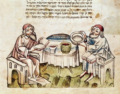 Judaism: two rabbis celebrate Passover with the ceremony of the Seder (Miniature from a Mahzor, 15th century) by Jewish School