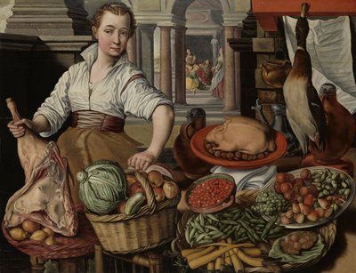 Kitchen Scene, with Jesus in the House of Martha and Mary in the Background by Joachim Beuckelaer
