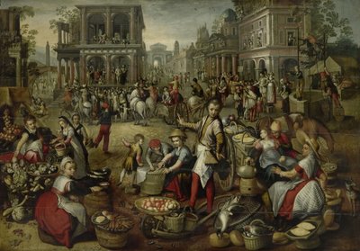 Marketplace, with the Flagellation, the Ecce Homo and the Bearing of the Cross in the background by Joachim Bueckelaer (copy after)