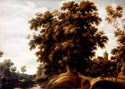 A River Landscape with Figures and a Village Beyond by Joachim Govertsz Camphuysen