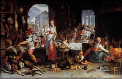A Woman Spins a Chicken in a Kitchen Filled with Food by Joachim Wtewael or Utewael