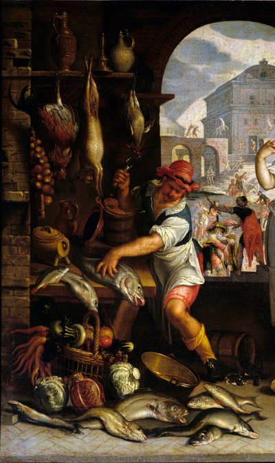 Detail of Kitchen Scene with the Parable of the Feast by Joachim Wtewael or Utewael