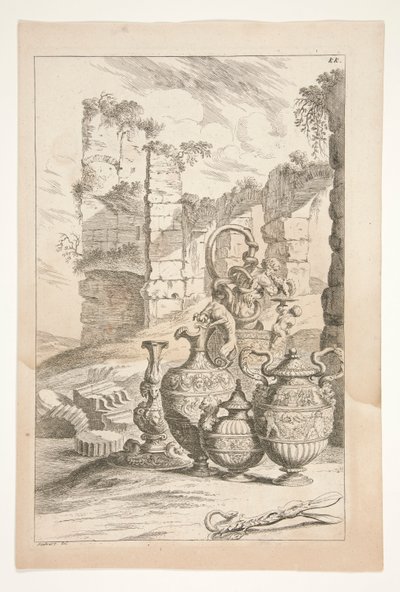 A Candlestick and Handled Ornamental Ewers in a Landscape with Ruins, from Sculpturae Veteris Admirata by Joachim von Sandrart