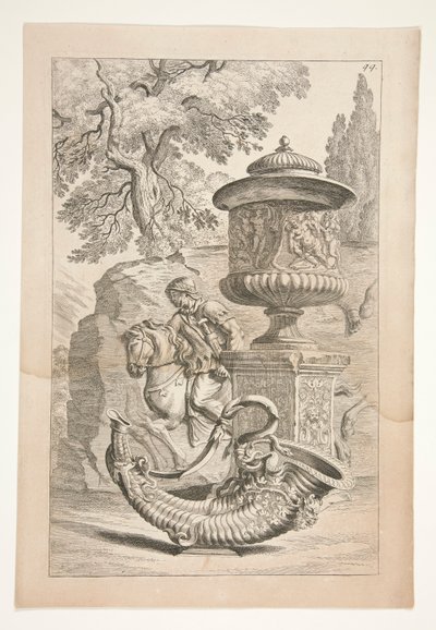 A Relief of Warriors, A Covered Vase Decorated with a Bacchic Relief, and a Cornucopia in a Landscape by Joachim von Sandrart