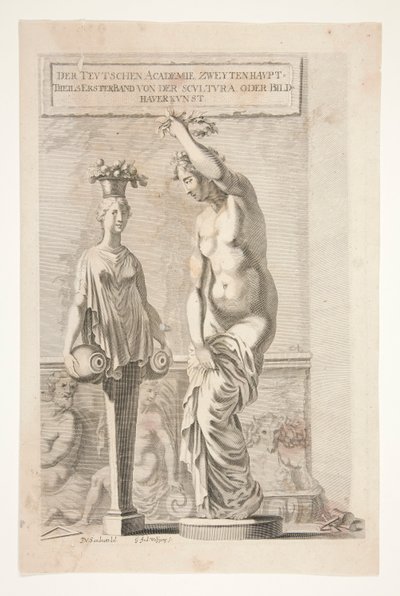 A Statue and Female Herm Carrying Vases and Fruit by Joachim von Sandrart