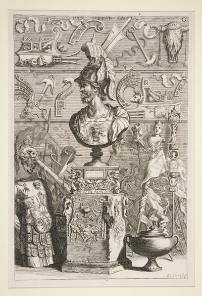 A Statue of Lucius Sciopione, Armour and Other Antique Banners and Fragments by Joachim von Sandrart