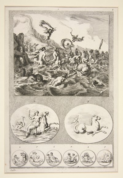 Top half: Nereids Sporting Bottom half: Two Reliefs and Six Coins by Joachim von Sandrart