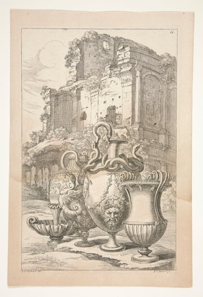 Vases in a Landscape Among Antique Ruins by Joachim von Sandrart