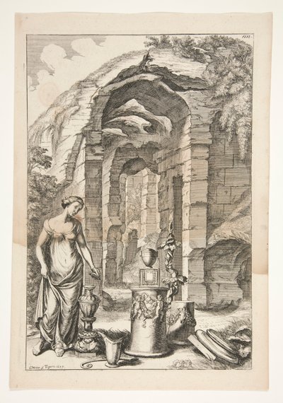 Woman in Antique Dress with Urns, Stands, and Ruins by Joachim von Sandrart