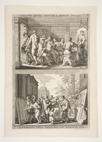 Composite of Zeuxis and Juno with Five Girls, Parrhasius with a Veil, Bird and Deceiver of Grapes by Joachim von Sandrart