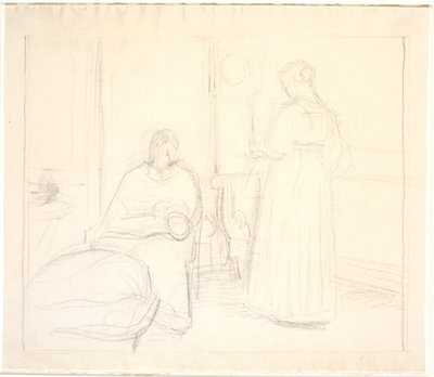 Interior with Clock and Sitting and Standing Woman by Joakim Frederik Skovgaard