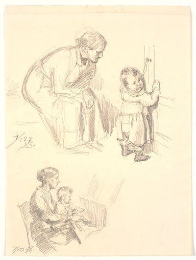 Two Figure Studies. Above a Seated Woman Observing a Child at a Door; Below a Woman with a Child at the Piano by Joakim Frederik Skovgaard