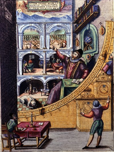 Danish astronomer Tycho Brahe (1546 - 1601) in his observatory in Uranienburg - colour engraving by Atlas Major Ssive and cosmographed Blavania labores and sumptibus by Johannis Blaev by Joan Blaeu