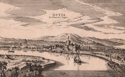 Perspective View of Ostia City and Port, Lazio, Italy, copper engraving by Joan Blaeu