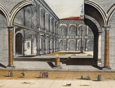 View of inner courtyard of old University in Bologna, Joan Blaeu, engraving, Italy by Joan Blaeu
