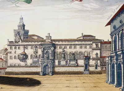 View of old square in Bologna, engraving by Giacomo Lauro and Joan Blaeu from Theatrum civitatum et admirandorum Italiae, published in Amsterdam in 1663 by Joan Blaeu