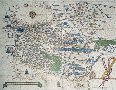 Map of Asia, Including Armenia, Iran, Afghanistan, with Wind Rose, Details of Ports, Coasts and Sea Routes, in Atlas de Joan Martines by Joan Martines