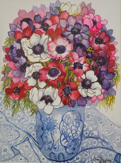 Anemones in a Blue and White Pot with Blue and White Textile by Joan Thewsey