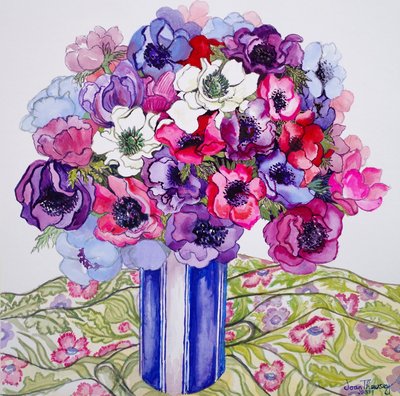 Anemones in a Striped Pot by Joan Thewsey