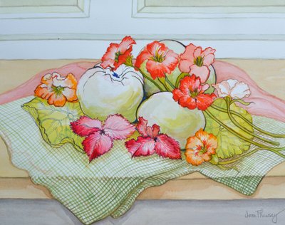 Apples and Nasturtium on a green check cloth by Joan Thewsey