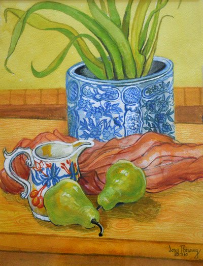 Blue and White Pot, Jug and Pears by Joan Thewsey