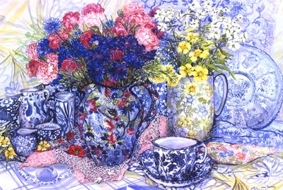 Cornflowers with Antique Jugs and Patterned Fabrics, 2012 by Joan Thewsey
