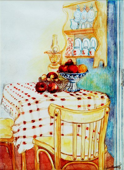 Cottage Kitchen Table with Apples, 2005 by Joan Thewsey