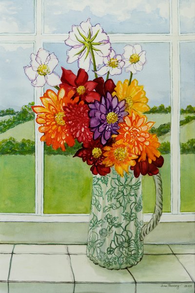 Dahlias on the Cottage Window Sill by Joan Thewsey
