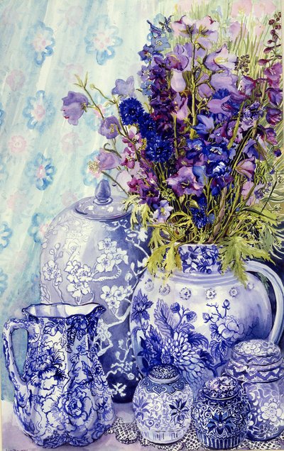 Delphiniums with Antique Blue Pots by Joan Thewsey