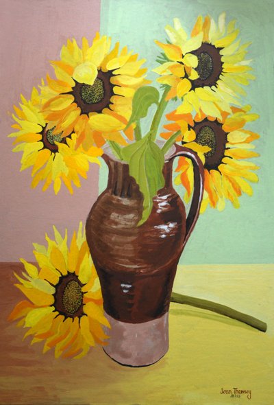 Five Sunflowers in a Tall Brown Jug by Joan Thewsey
