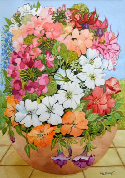 Petunias, Geraniums and Fuchsias in a Terrace Pot by Joan Thewsey