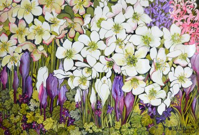 Spring Border: Hellebores, Crocus and Violets by Joan Thewsey