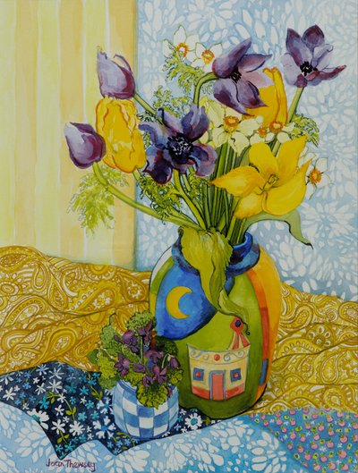 Tulips and Anemones with a Pot of Violets by Joan Thewsey