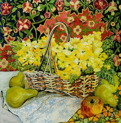 Yellow Primroses in a Basket with Fruit and Textiles by Joan Thewsey