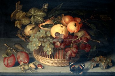 Basket of Fruit and Admiral Butterfly on Stone Table by Joannes Busschaert