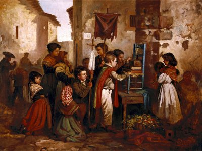 Children Playing in the Religious Procession, Painting by Joaquim Vayreda y Vila by Joaquin Vayreda