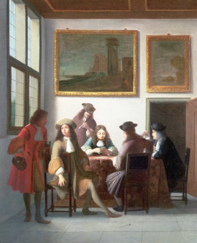 An Elegant Interior With Men Playing at Cards by Job Berckheyde