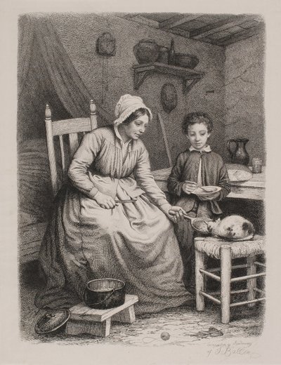 The Cat Gets Dinner from a Poor Woman. Domestic Scene by Joel Ballin