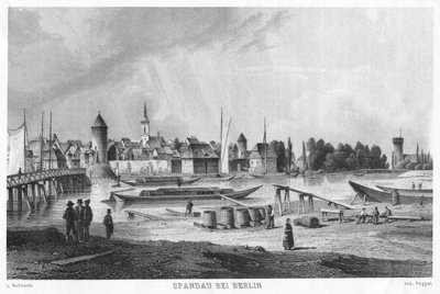 Historical View of Spandau near Berlin. Steel Engraving. View from Stresow to the Old Town of Spandau. In the Foreground the Shipyard on Stresow, on the Left the Stresow Bridge (later Charlotten Bridge) by Joh. Poppel L. Rohbock