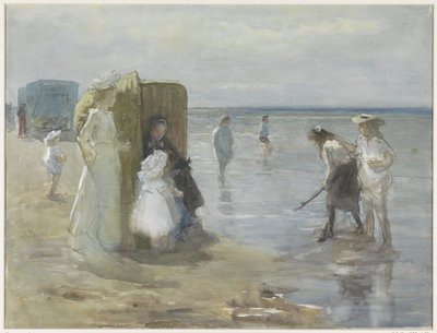 View Along the Shoreline at Scheveningen Beach, with Two Ladies and Children by Johan Antonie de Jonge