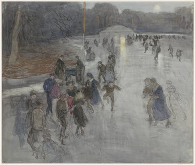 Ice Skating Fun by Moonlight on a Frozen Pond in the Hague Forest by Johan Antonie de Jonge