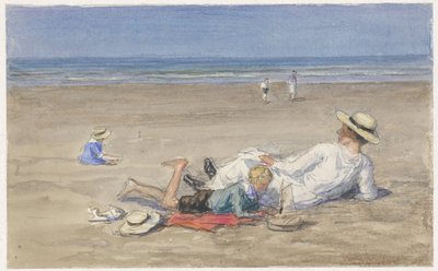 Resting Nursemaid with Two Children on the Beach by Johan Antonie de Jonge
