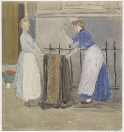 Two Maids Beating a Mat in Front of a Townhouse by Johan Antonie de Jonge