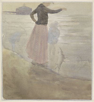 Woman with Two Children and a Dog on the Beach by Johan Antonie de Jonge