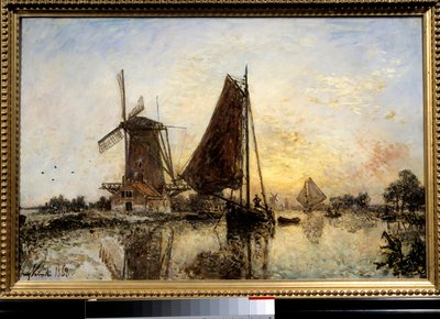 Dutch Landscape, Boats Near the Mill by Johan Barthold Jongkind