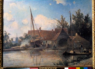 Dutch Landscape with a Big Boat Caulking by Johan Barthold Jongkind